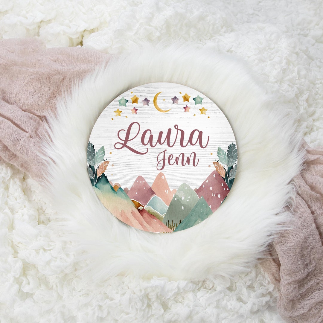 Boho Mountain Name Sign, Round Wood Name Sign, Wood Baby Name Sign ...