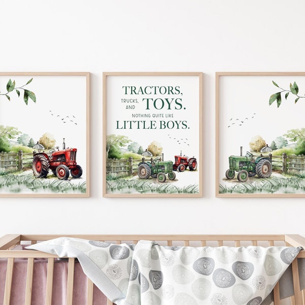 Tractor Nursery Wall Art Poster, Farm Nursery Decor, Tractor Trucks and Little Boys Posters, Set of 3 Mailed Posters, Red Green Tractor C40