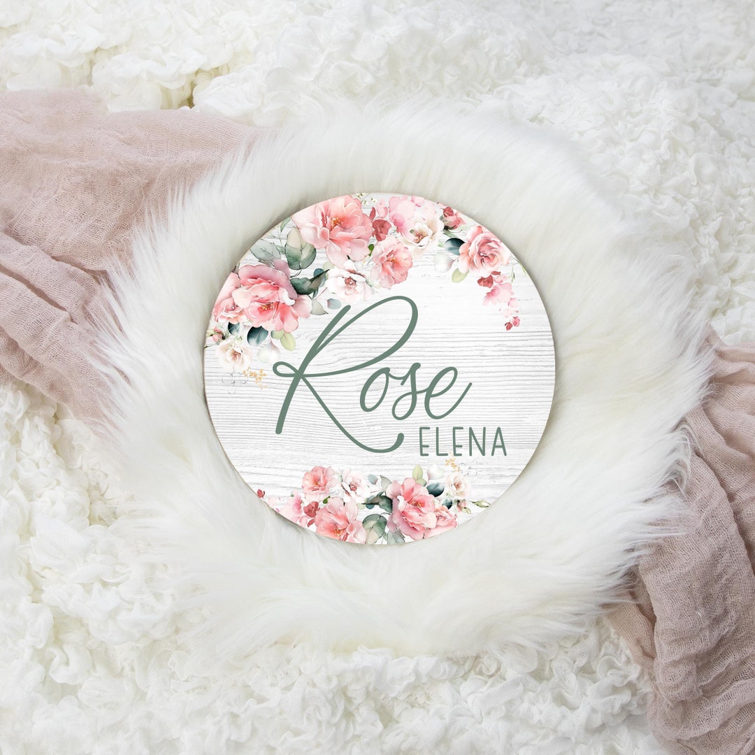 Pink Rose Floral Round Wood Name Sign, Pink and Sage Rose Baby Sign ...