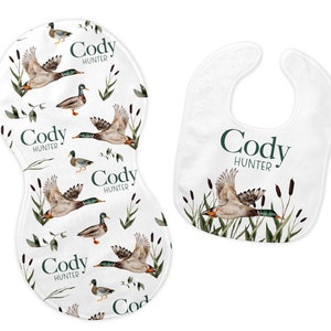 Duck Bib and Burp Cloth Set, Mallard Duck Bib, Mallard Duck Burp Cloth, Duck Hunting Nursery, Personalized Duck Bib, B33