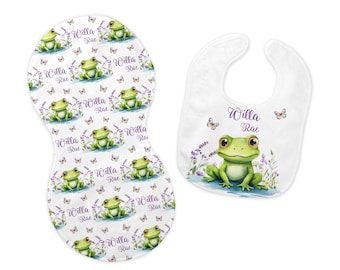 Girl Frog Bib and Burp Cloth Set, Frog Bib, Frog Burp Cloth, Bayou Nursery, Personalized Frog Bib, Frog Baby Shower, G91