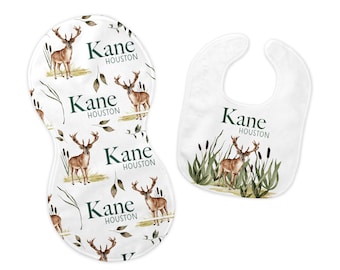 Buck Bib and Burp Cloth Set, Buck Bib, Buck Burp Cloth, Hunting Nursery Theme, Personalized Buck Bib, W35 W48