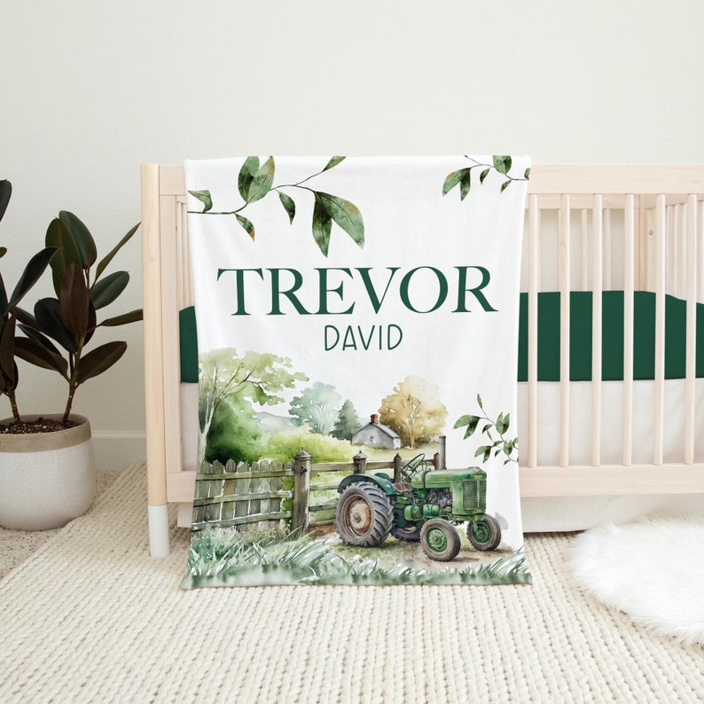 Green Tractor Farm Blanket, Tractor Personalized Baby Blanket, Farm Nursery, Tractor Farm Nursery, Farm Baby Shower, Tractor Blanket C40 afbeelding 1