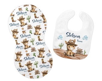 Western Bib and Burp Cloth Set, Cowboy Bib, Cowboy Burp Cloth, Western Nursery Theme, Personalized Cowboy Bib, Cowboy Baby Shower Gift, D13
