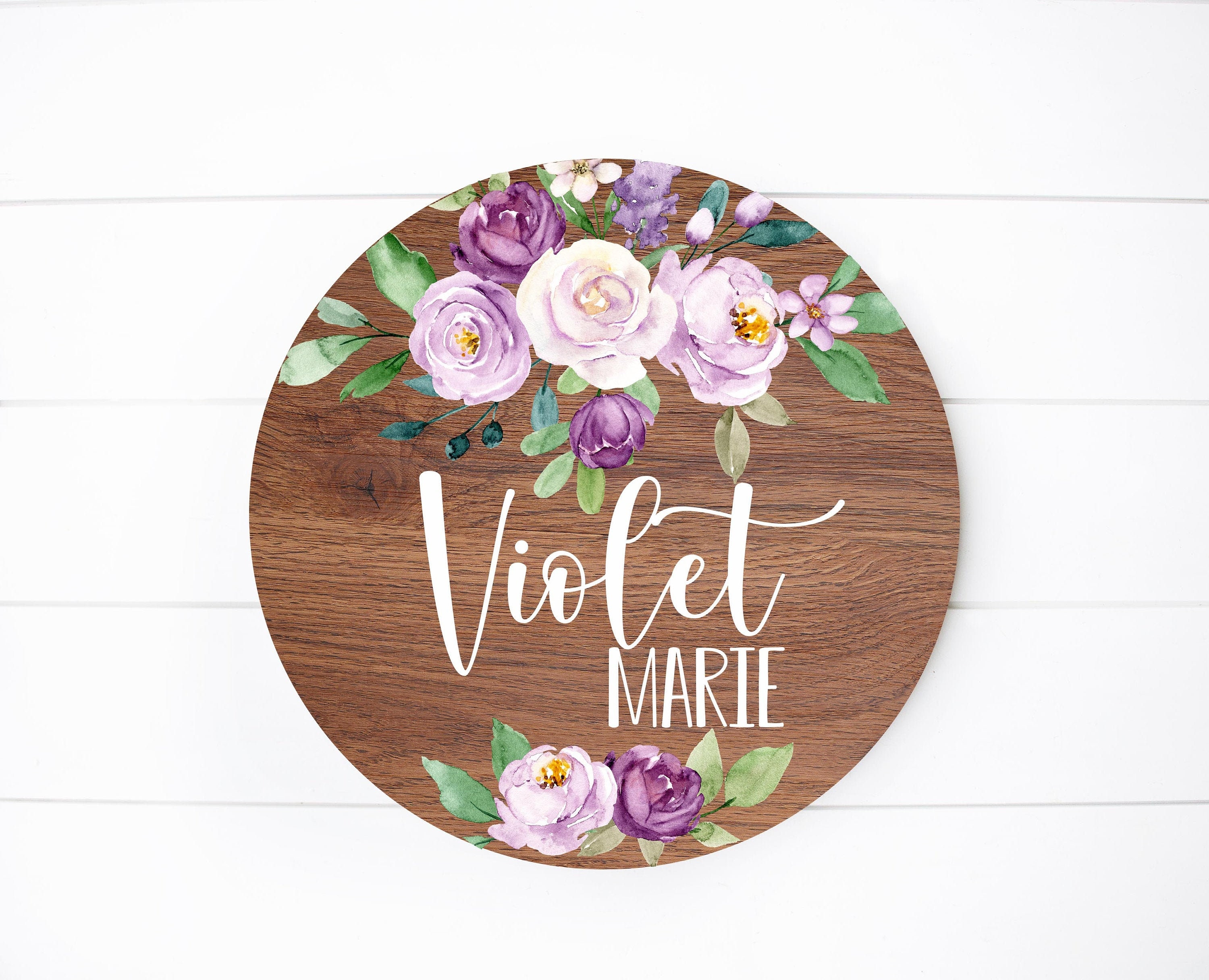 Violet Floral Round Wood Name Sign Purple Floral Baby Sign Etsy