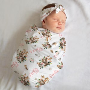 Girl Woodland Swaddle Set, Woodland Baby Blanket, Personalized Swaddle Blanket, Floral Woodland Animal Baby Blanket, Girl Woodland W28 image 3