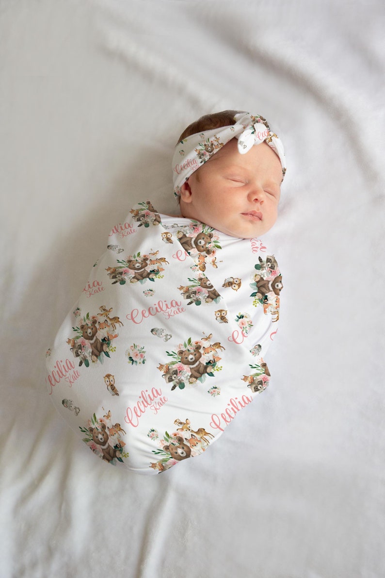 Girl Woodland Swaddle Set, Woodland Baby Blanket, Personalized Swaddle Blanket, Floral Woodland Animal Baby Blanket, Girl Woodland W28 image 3