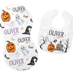Halloween Bib and Burp Cloth Set, Halloween Bib, Halloween Burp Cloth, Halloween Baby, Personalized Halloween Bib, B32