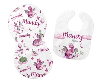 Girl Dragon Bib and Burp Cloth Set, Dragon Bib, Dragon Burp Cloth, Dragon Nursery, Personalized Dragon Bib and Burp Set, G21