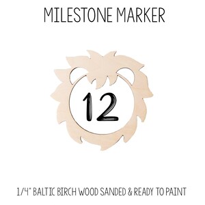 K&ouml;nnte beinhalten: Holz-Meilenstein-Marker in Form eines L&ouml;wenkopfes mit der Nummer 12 in der Mitte. Der Marker ist aus 1/4 Zoll baltischem Birkenholz gefertigt und geschliffen und bereit zum Bemalen.