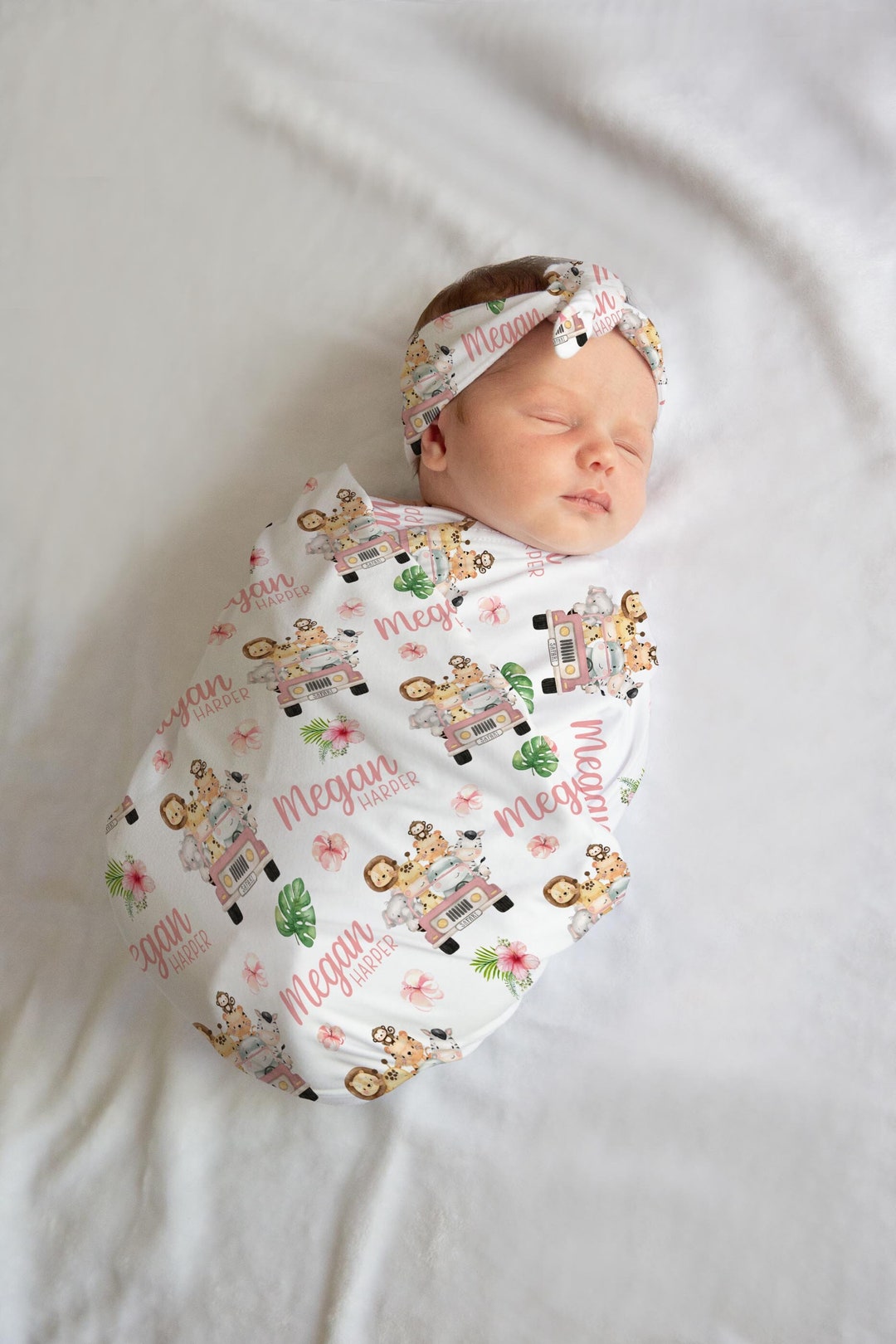 Girl Safari Swaddle Set, Safari Swaddle Blanket, Personalized Baby