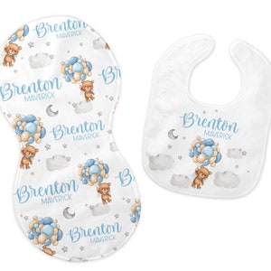 Bear Balloon Bib and Burp Cloth Set, Bear Moon Bib, Blue Balloon Burp Cloth, Teddy Bear Nursery, Personalized Bear Balloon Bib, T57