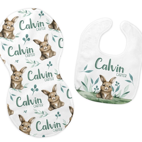 Bunny Bib and Burp Cloth Set, Rabbit Bib, Rabbit Burp Cloth, Bunny Nursery, Personalized Bunny Bib, Easter Baby Gift, Bunny Bib, B59