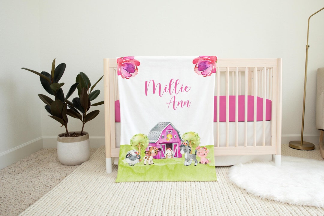 Girl Farm Blanket, Farm Animal Crib Bedding, Personalized Baby Blanket