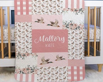 Hunting Baby Quilt, Personalized Hunting Baby Quilt, Optional Bundle with Sign, Girl Mallard Duck Quilted Blanket, Hunting Nursery, B33