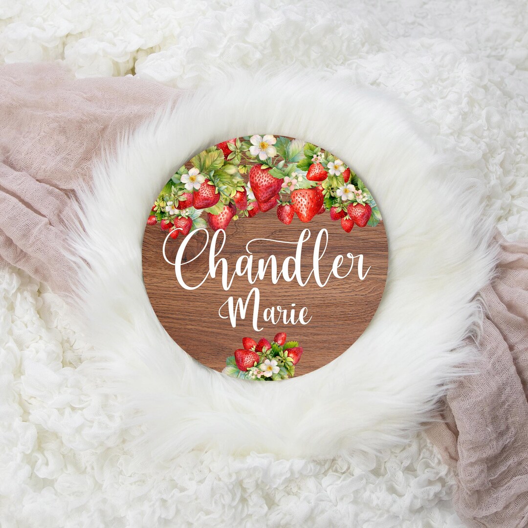 Strawberry Round Wood Name Sign, Strawberry Baby Sign, Round Wood Baby