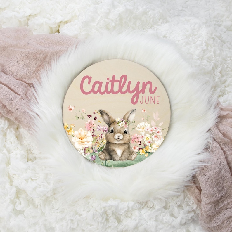 Name Sign For Rabbit Bunny Name Sign, Rabbit Round Wood Name Sign, Woodland Rabbit Baby Sign ...