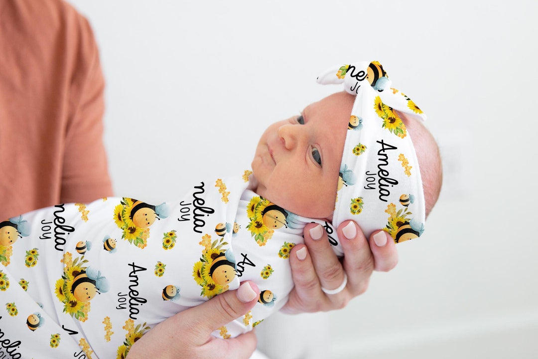Honey Bee Swaddle Set, Bumble Bee Baby Blanket, Personalized Baby