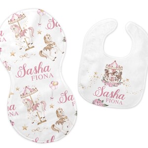 Carousel Bib and Burp Cloth Set, Carousel Bib, Carousel Burp Cloth, Personalized Carousel Bib and Burp Set, Carousel Baby Set G30