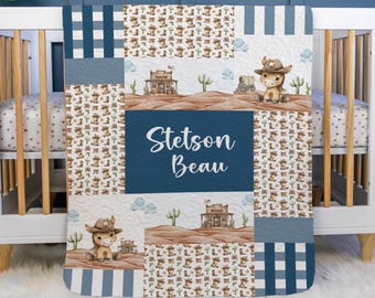 Cowboy Baby Quilt, Personalized Baby Horse Quilt, Optional Bundle with Sign, Western Quilted Blanket, Cowboy Horse Nursery, D13