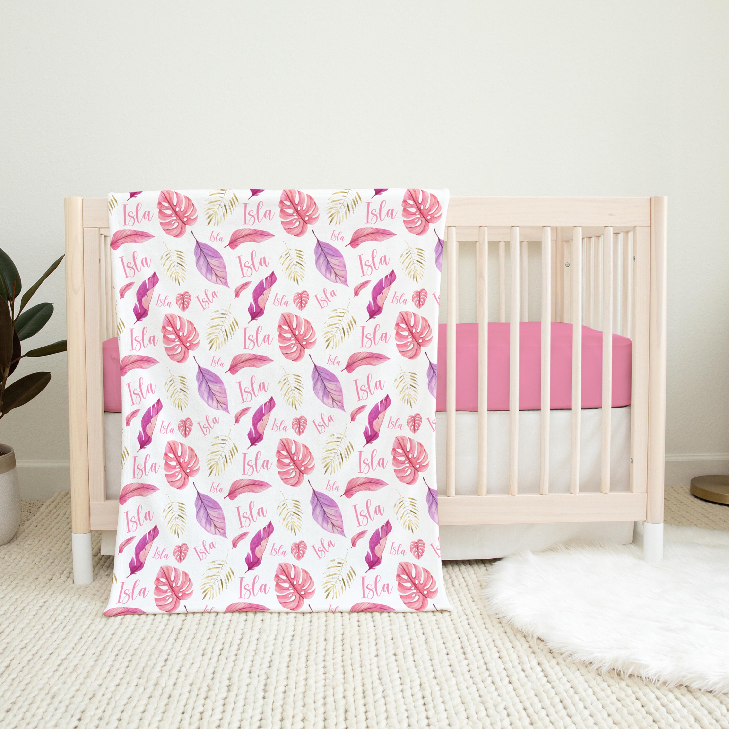 Personalized Baby Blanket With Name - Tropical Flamingo & Palm Leaves Design, 30x40 Inch Soft Minky - View #11