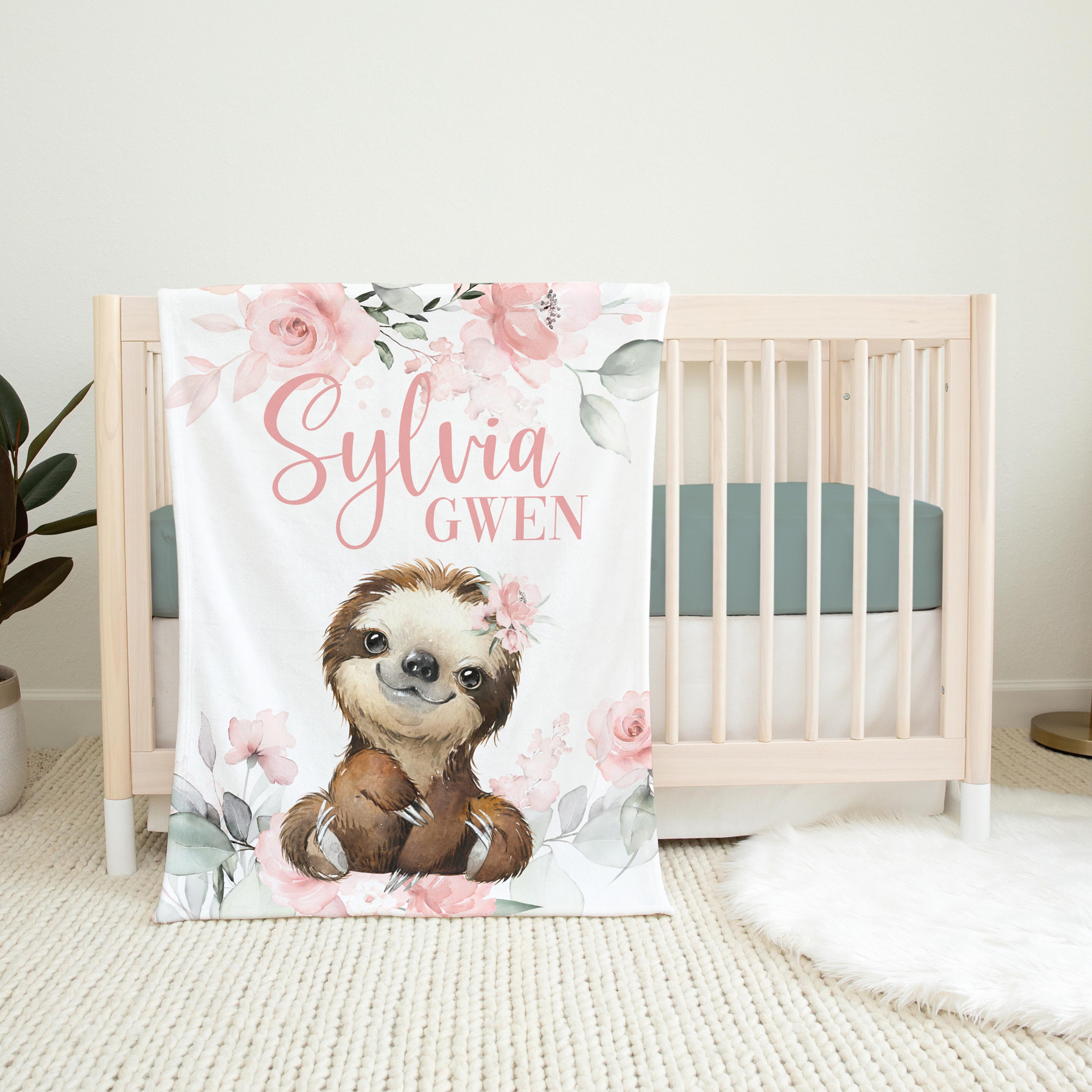 Girl Sloth Baby Blanket Pink Roses Sloth Personalized Baby Blanket Sloth Nursery Theme Newborn Blanket Sloth Nursery Decor S45 Etsy