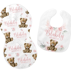 Teddy Bear Bib and Burp Cloth Set, Teddy Bear Bib, Teddy Bear Burp Cloth, Teddy Bear Nursery, Personalized Girl Teddy Bear Bib, G55