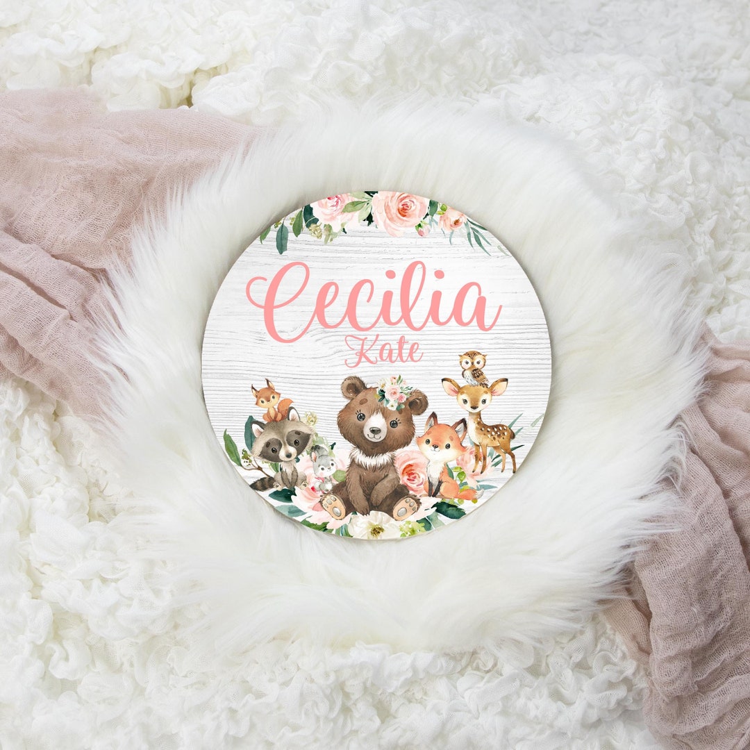 Girl Woodland Round Wood Name Sign, Wood Baby Name Sign, Woodland Baby Name Sign, Baby