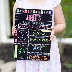 May include: A black chalkboard sign with white polka dots and colorful writing. The sign says "Abby's Last Day of Kindergarten" and includes details like age, height, favorite subject, and a favorite school memory.
