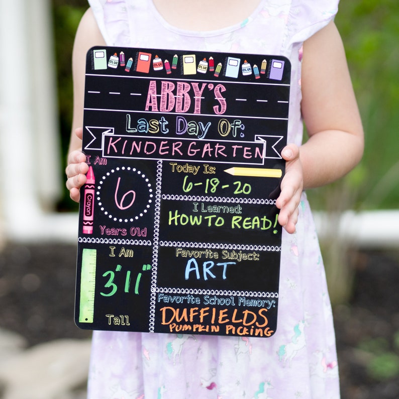 May include: A black chalkboard sign with white polka dots and colorful writing. The sign says "Abby's Last Day of Kindergarten" and includes details like age, height, favorite subject, and a favorite school memory.