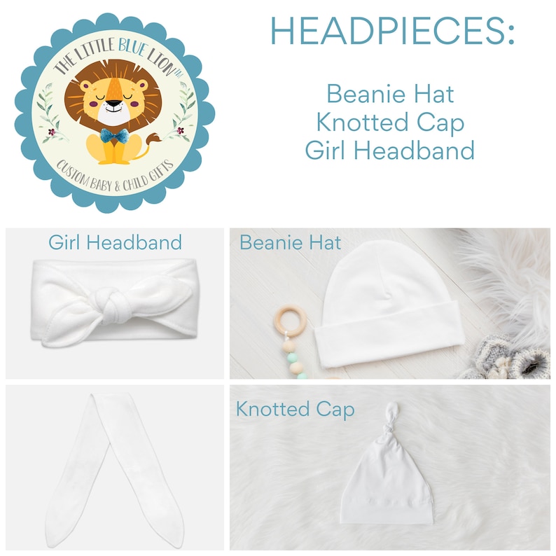 K&ouml;nnte beinhalten: Vier wei&szlig;e Baby-Stirnb&auml;nder, darunter eine gekn&uuml;pfte M&uuml;tze, eine M&uuml;tze und zwei Arten von M&auml;dchen-Stirnb&auml;ndern. Die Stirnb&auml;nder werden auf einem wei&szlig;en Hintergrund gezeigt.