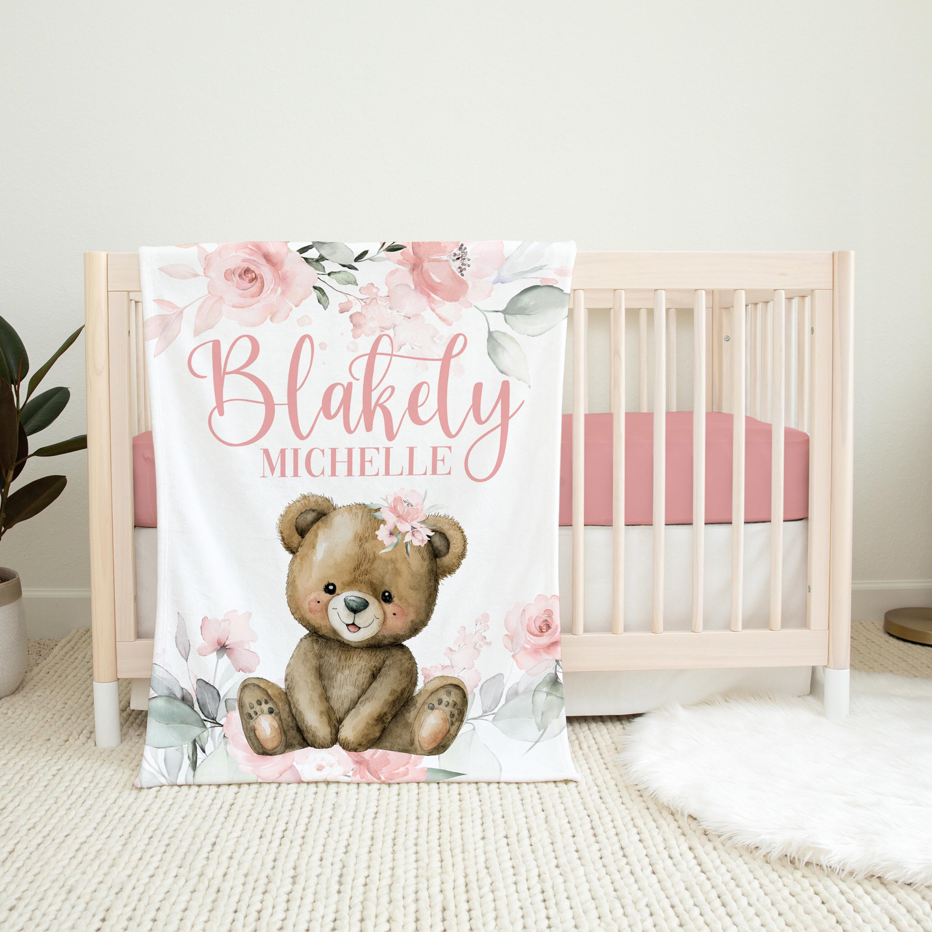 Girl Teddy Bear Baby Blanket Pink Roses Bear Personalized Baby