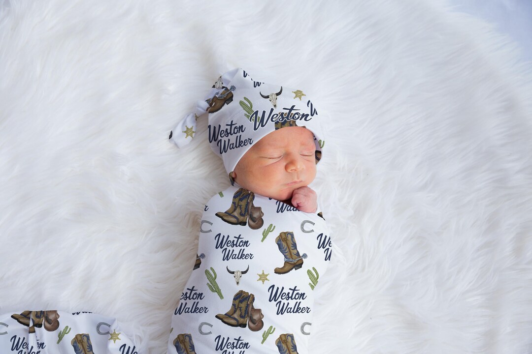 Cowboy Swaddle Set, Cowboy Swaddle Baby Blanket, Personalized Swaddle