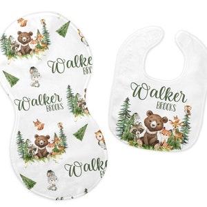 Woodland Bib and Burp Cloth Set, Woodland Bib, Woodland Burp Cloth, Woodland Nursery, Personalized Bear Bib, Bear Fox Raccoon, W27