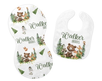 Woodland Bib and Burp Cloth Set, Woodland Bib, Woodland Burp Cloth, Woodland Nursery, Personalized Bear Bib, Bear Fox Raccoon, W27