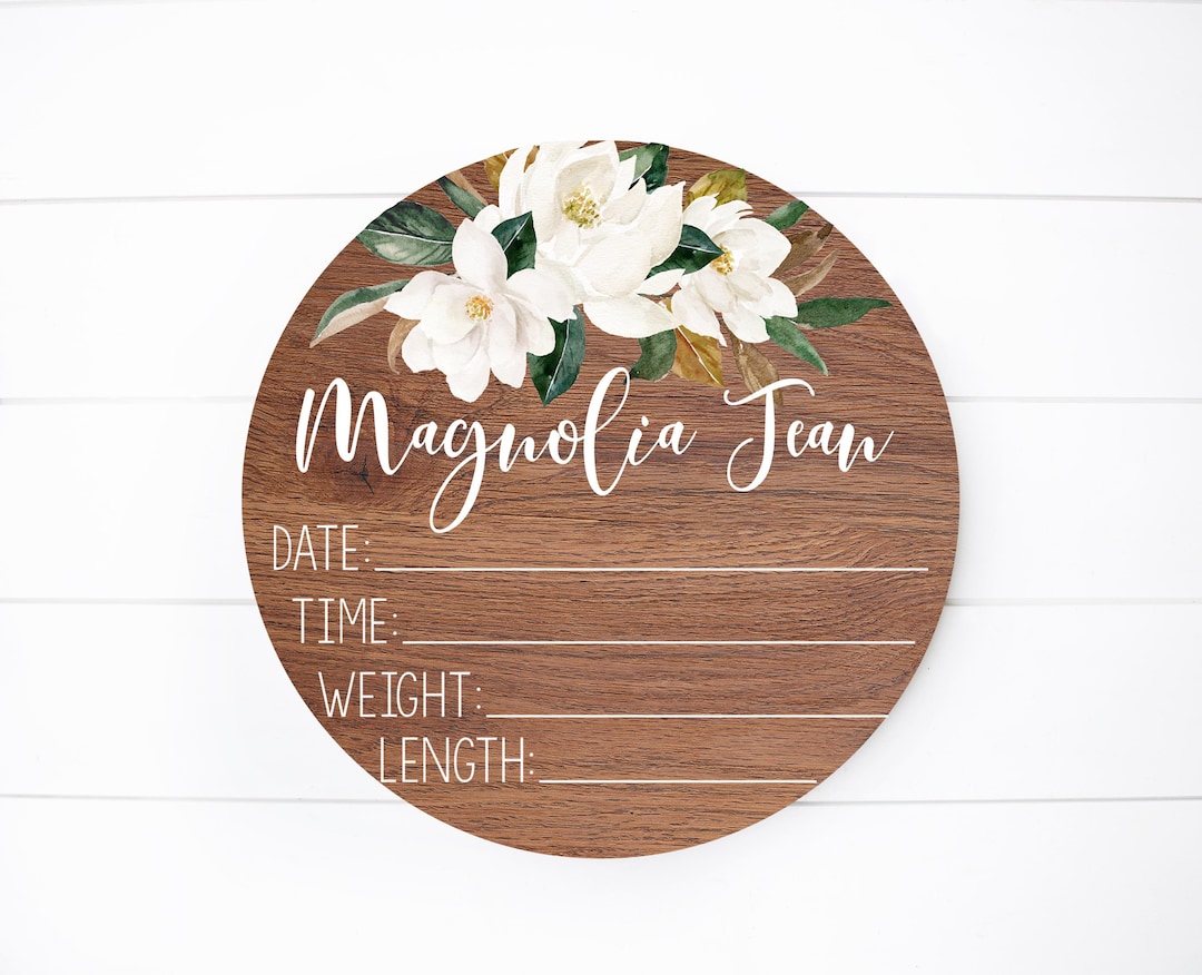 Birth Stat Sign, Round Wood Birth Stat Sign, Magnolia Floral Birth Stat ...
