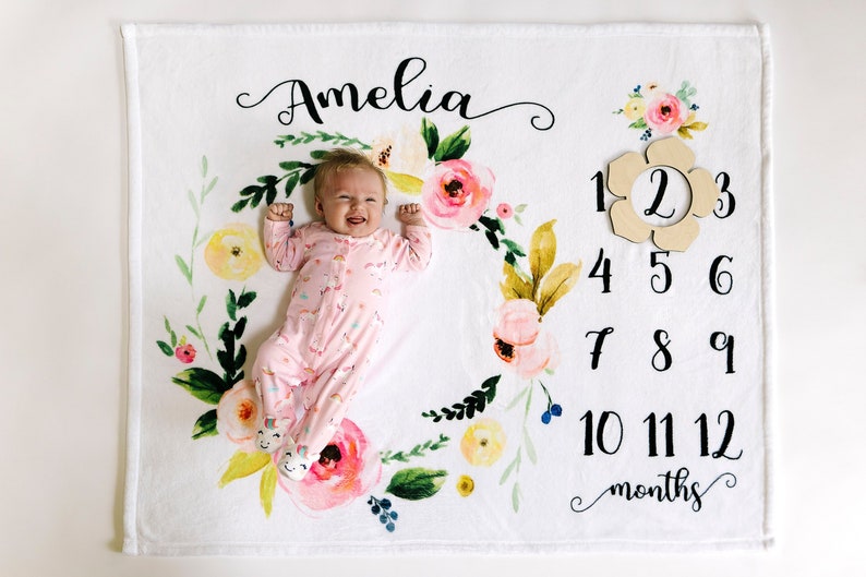 Girl Baby Milestone Blanket Floral Wreath Monthly Baby Etsy