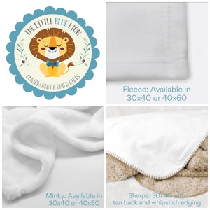 May include: The image showcases baby and child gifts, including fleece, minky, and sherpa blankets. The fleece blankets are available in 30x40 or 40x60 inches. Minky blankets are available in 30x40 or 40x50 inches. The sherpa blanket is 30x40 inches with tan back and whipstitch edging.