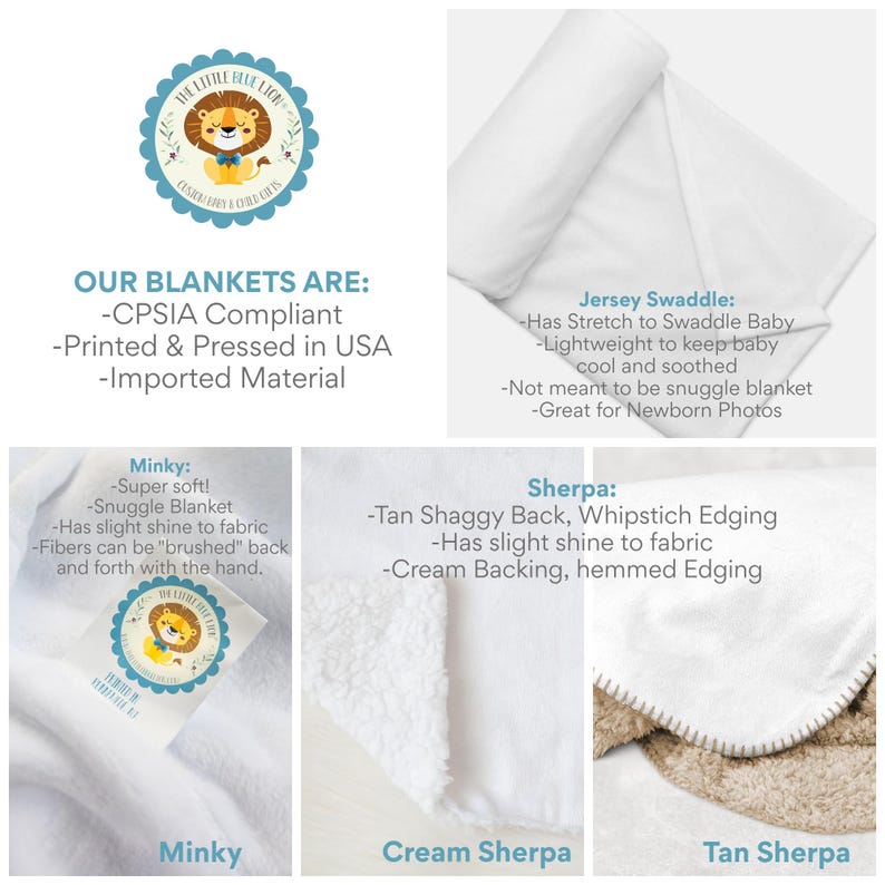 May include: Four different baby blankets are shown. The blankets are labeled as Minky, Cream Sherpa, Tan Sherpa, and Jersey Swaddle. Each blanket is shown with a close-up of the fabric texture. The text "Our Blankets Are:" is shown above the blankets. The text "CPSIA Compliant", "Printed & Pressed in USA", and "Imported Material" is shown below the text "Our Blankets Are:".