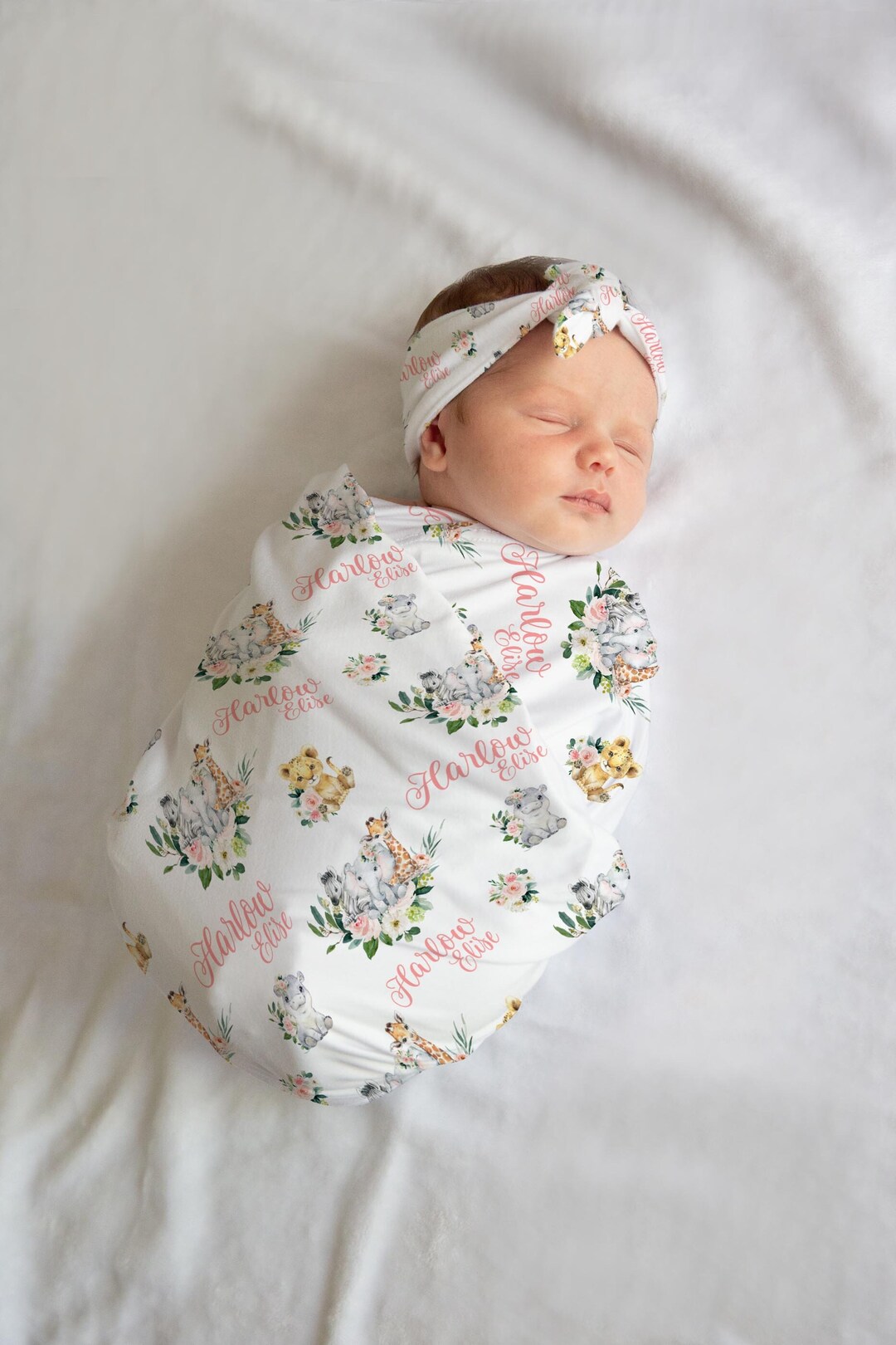 Girl Safari Swaddle Set, Safari Swaddle Blanket, Personalized Baby