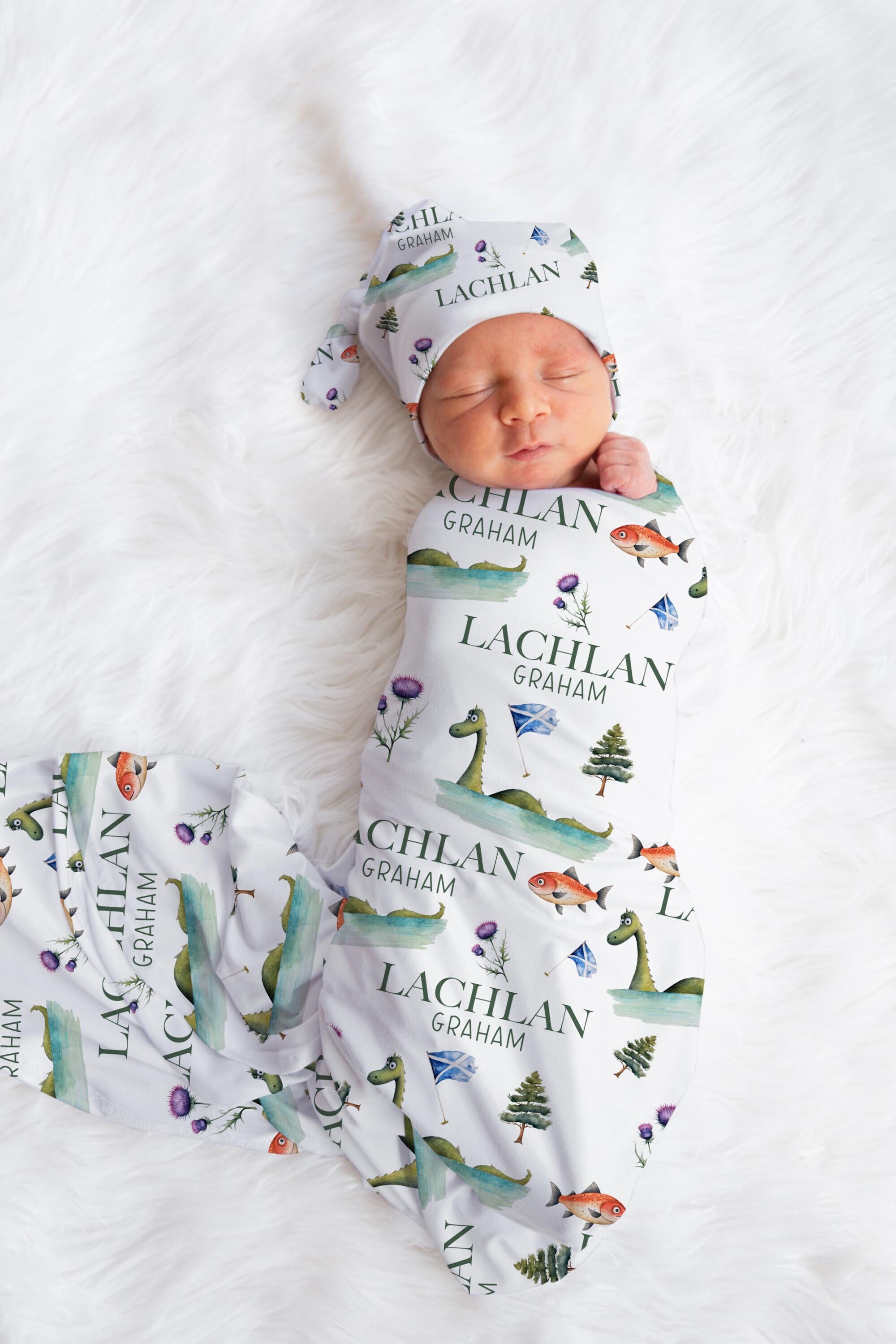 Loch Ness Monster Swaddle Blanket, Scottish Personalized Baby Blanket, Personalized Baby Blanket, Baby Shower Gift, Nessie Swaddle Set M31