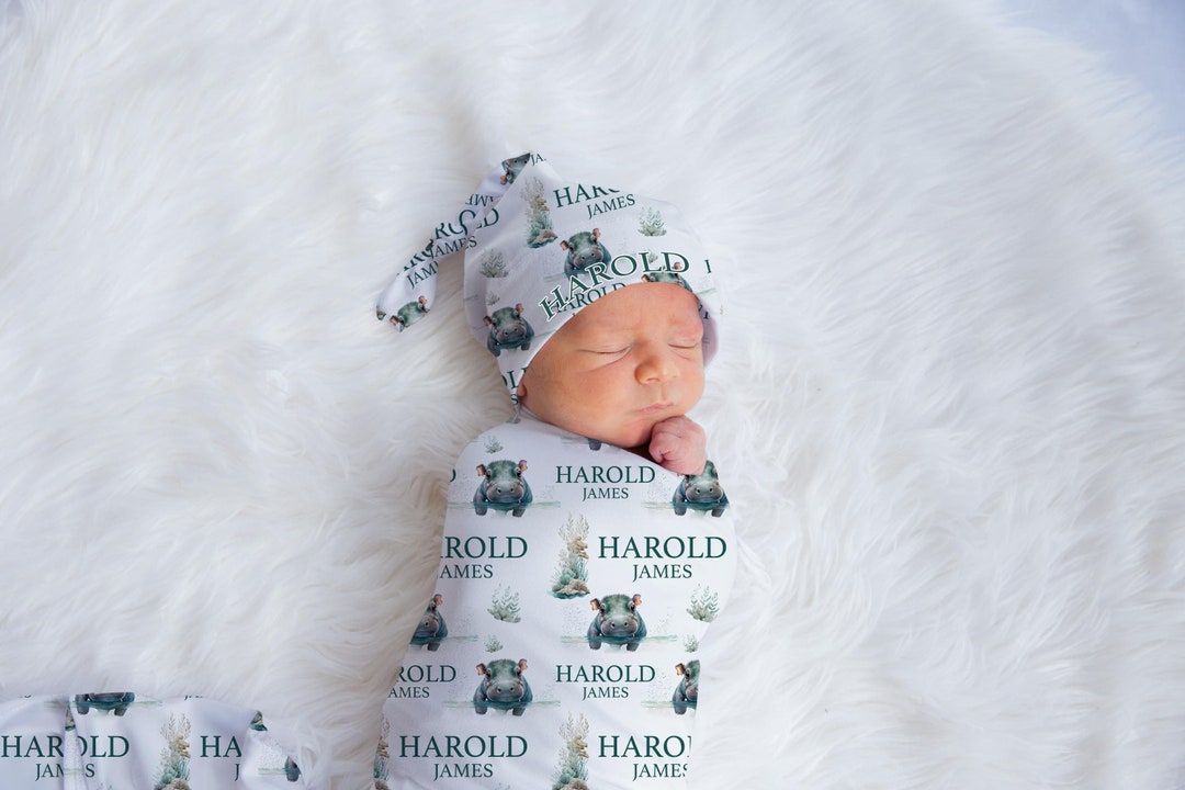 Hippo Swaddle Set, Safari Swaddle Set, Hippo Baby Blanket, Hippo