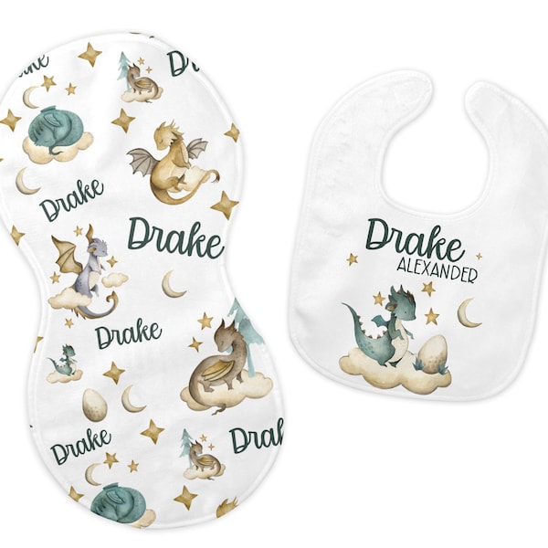 Dragon Bib and Burp Cloth Set, Dragon Bib, Dragon Burp Cloth, Dragon Nursery, Personalized Dragon Bib and Burp Set, B9