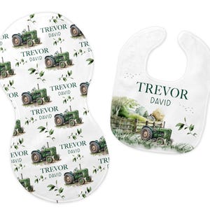 Green Tractor Bib and Burp Cloth Set, Farm Bib, Farm Burp Cloth, Tractor Nursery Theme, Personalized Farm Baby Gift, Tractor Baby Shower C40
