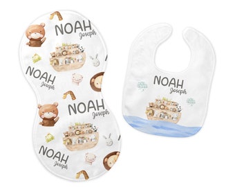 Noah's Ark Bib and Burp Cloth Set, Noah's Ark Bib, Noah Ark Burp Cloth, Noah Ark Nursery, Personalized Noahs Ark Bib, S35