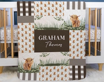 Highland Cow Baby Quilt, Personalized Baby Highland Cow Quilt, Optional Bundle with Sign, Highland Cow Quilted Blanket, Cow Nursery, C21