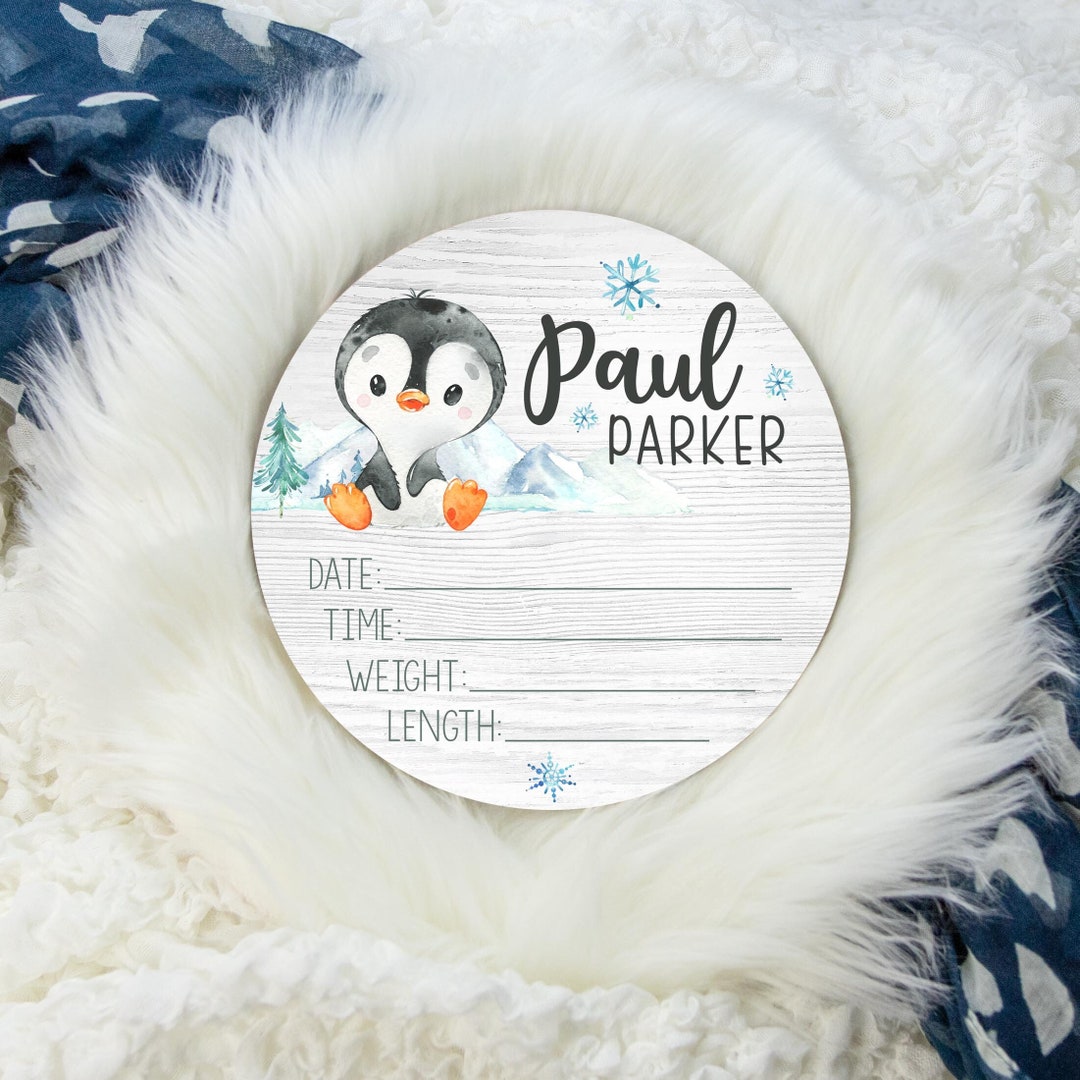 Penguin Birth Stat Sign, Birth Stat Sign, Round Wood Birth Stat Sign ...