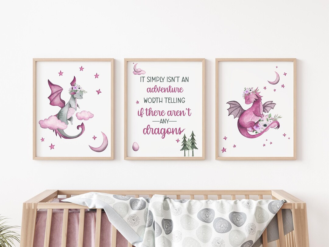 Girl Dragon Nursery Wall Art Poster, Dragon Nursery Decor, Dragon Posters, Set of 3 Mailed