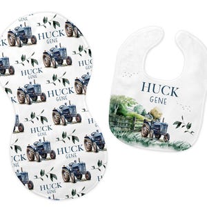 Blue Tractor Bib and Burp Cloth Set, Farm Bib, Farm Burp Cloth, Tractor Nursery Theme, Personalized Farm Baby Gift, Tractor Baby Shower C40