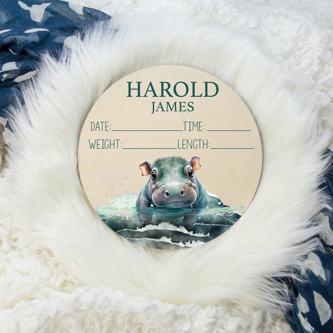 Hippo Birth Stat Sign, Boy Birth Stat Sign, Round Wood Birth Stat Sign